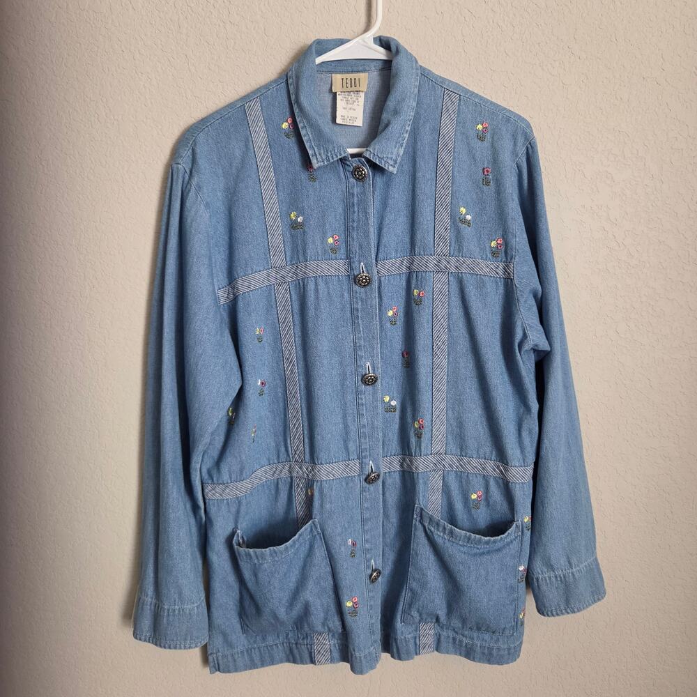 Vintage denim Chambray Shirt Teddi  Womens M Embroidered Floral Casual 90s Blue